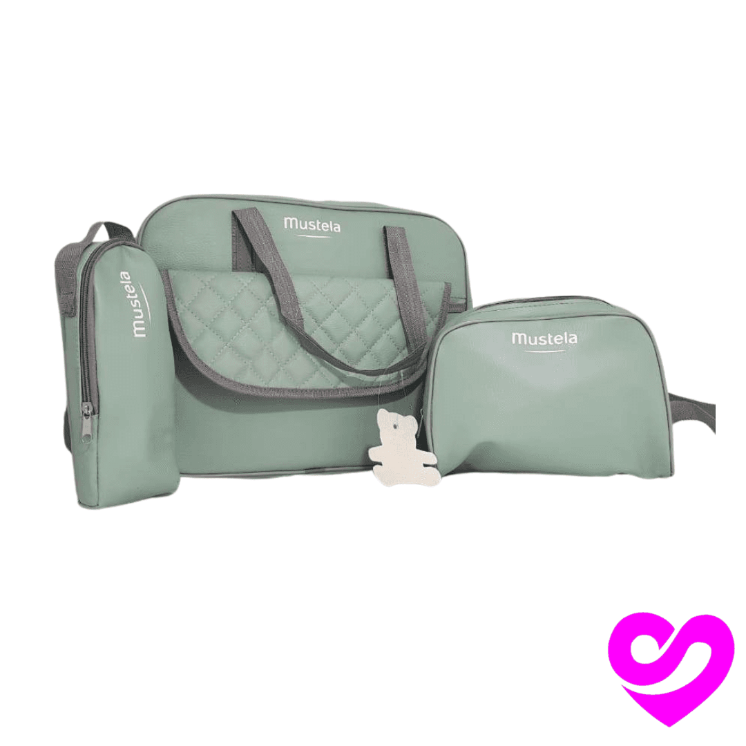 Sac vert maman mustela + trousse d’objet + cache biberon