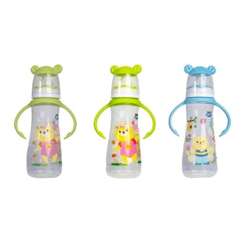 baby pur biberon en polypropylene col standard funny pp bleu/vert avec anses 250 ml REF 72005