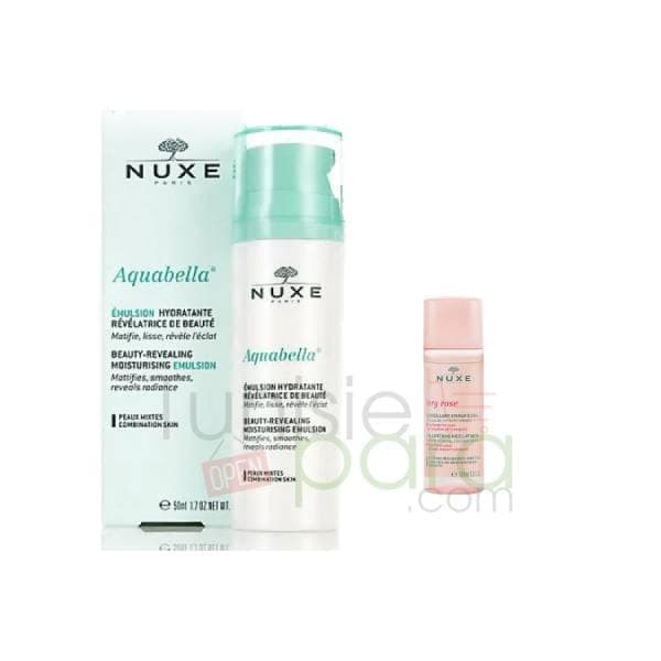 nuxe aquabella emulsion hydratante revelatrice de beaute 50ml + very rose eau micellaire apaisante 3en1 40ml