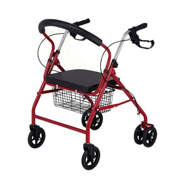 Rollator 4 roues couleur rouge, et noir avec panier et frein