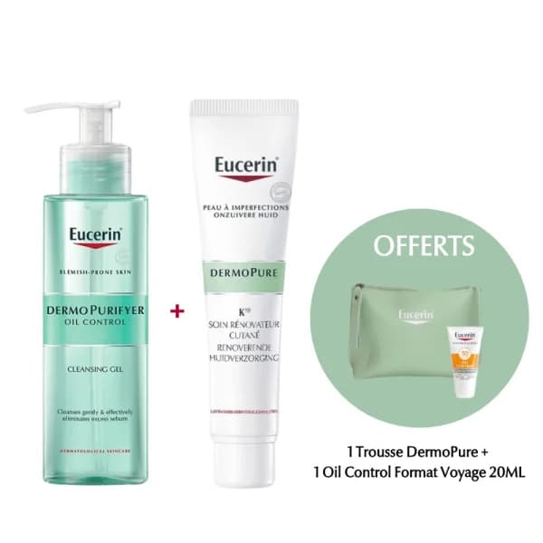 EUCERIN – PACK DERMOPURE : GEL NETTOYANT + K10 SOIN RENOVATEUR CUTANE + TROUSSE ET OIL CONTROL 20ML OFFERTS