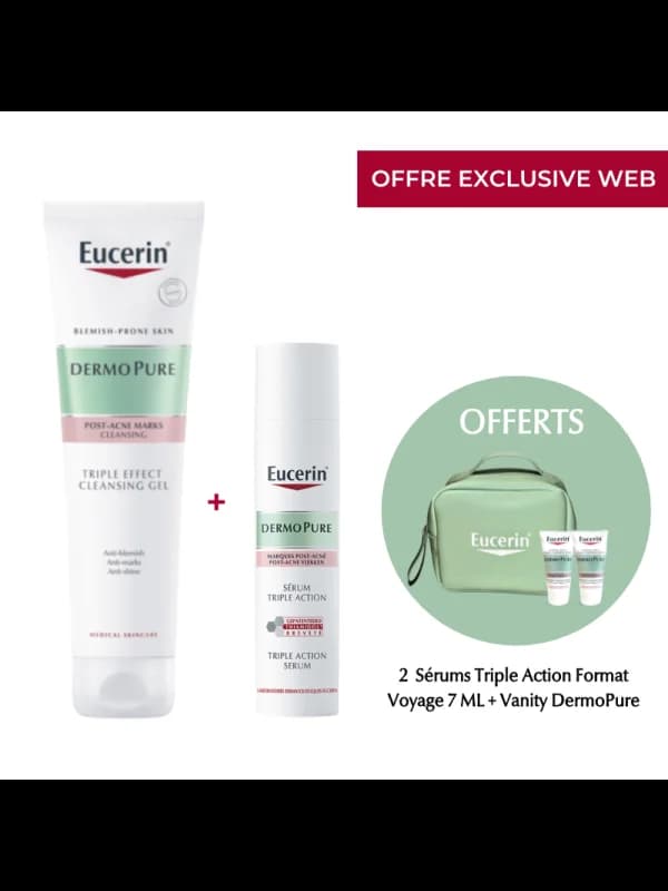 EUCERIN – PACK DERMOPURE MARQUE POST ACNE : GEL TRIPLE ACTION + SERUM + TROUSSE ET 2 SERUM TRIPLE ACTION 7ML OFFERTS
