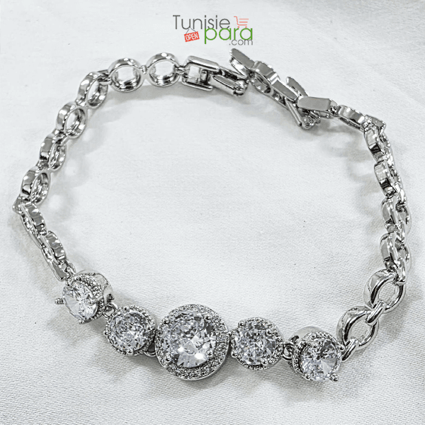 Bracelet de Luxe en Acier Inoxydable Argenté – Pavage Cristaux Halo Scintillants