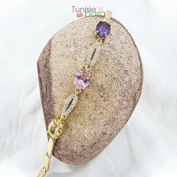Bracelet de Luxe en Acier Inoxydable Doré – Pierres Ovales Multicolores et Pavage Cristaux