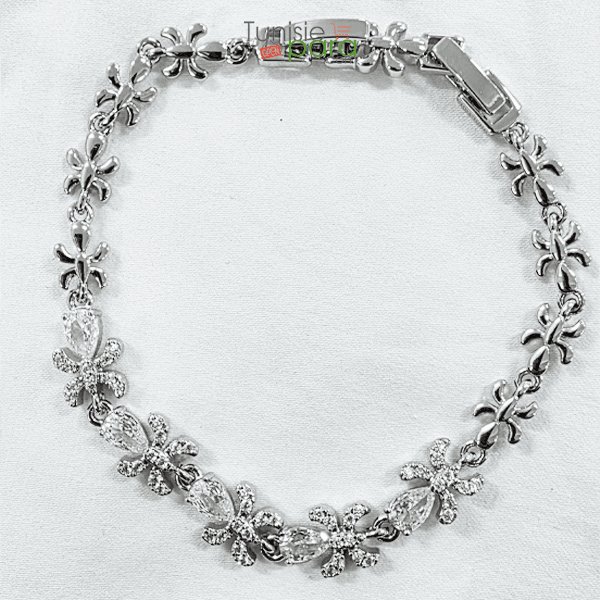 Bracelet “Jardin de Cristaux” en Acier Inoxydable Argenté – Fleurs et Cristaux Poires