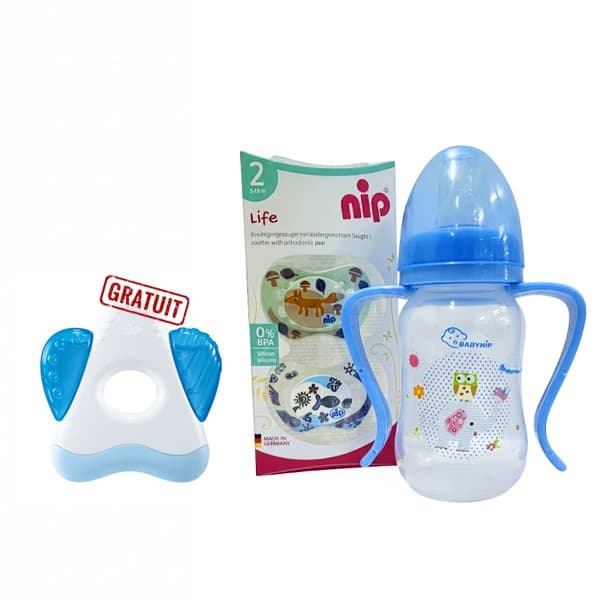 NIP pack biberon bleu 125ml + 2 sucettes nip life 5-18m + anneau bleu gratuit