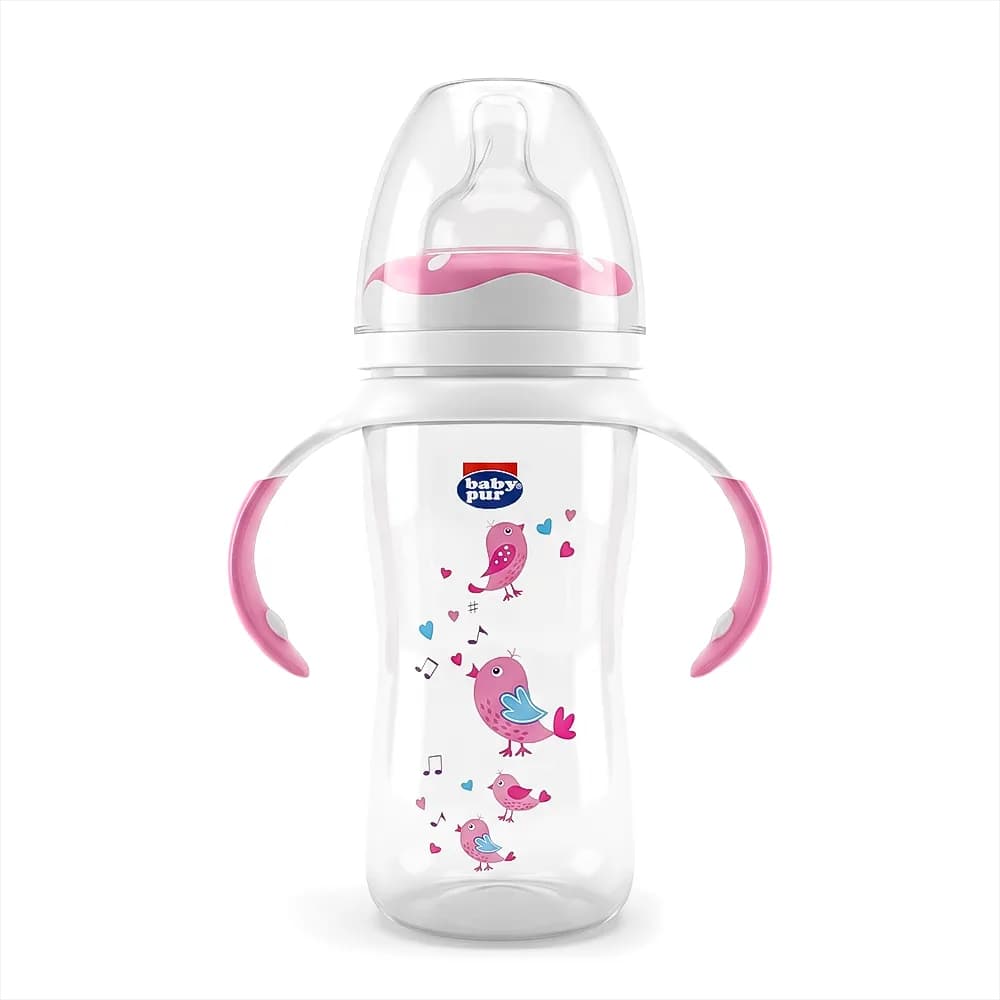 Baby Pur Biberon en Plastique Avec Anse Ergonomique Large Carre 250 ml ROSE Ref 72017