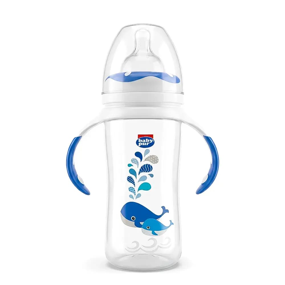 Baby Pur Biberon en Plastique Avec Anse Ergonomique Large Carre 250 ml BLEU Ref 72017