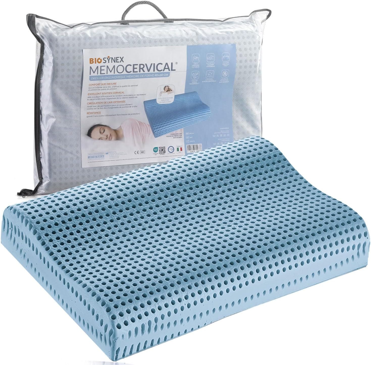 BIOSYNEX – MEMOCERVICAL – Oreiller Ergonomique Rectangulaire à Mémoire de Forme – 40 x 60 cm