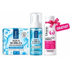 PACK LIRENE AQUA BUBBLES HYDROGEL 50 ML + MOUSSE NETTOYANTE 150 ML + LACTIMA DUO FORTE+ 100 ML OFFERT