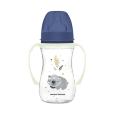 CANPOL BABIES EASYSTART SLEEPY KOALA BIBERON ANTICOLIQUE À COL LARGE 240 ML BLEU AVEC ANSES PHOSPHORESCENTES 3M+ — RÉF. 35/237