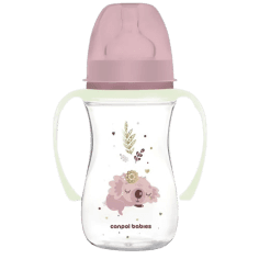 CANPOL BABIES EASYSTART SLEEPY KOALA BIBERON ANTICOLIQUE À COL LARGE 240 ML ROSE AVEC ANSES PHOSPHORESCENTES 3M+ — RÉF. 35/237