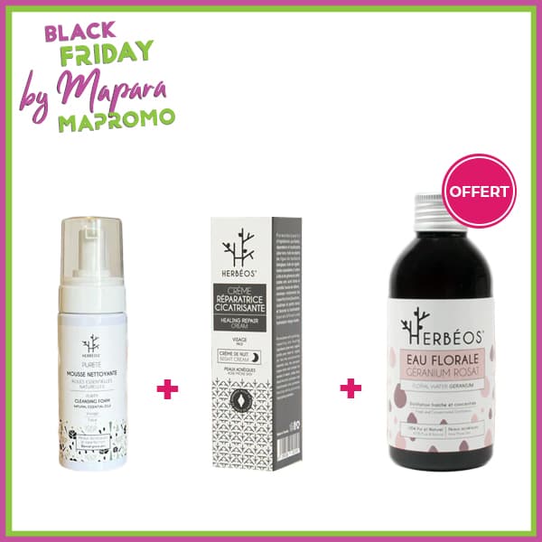 HERBÉOS Mousse Nettoyante Pureté Anti-acné 170 ml + HERBÉOS Crème Réparatrice Cicatrisante Nuit Peaux Acnéiques 30 ml + HERBÉOS Eau Florale De Géranium 150 ml (Offert) (Copie)