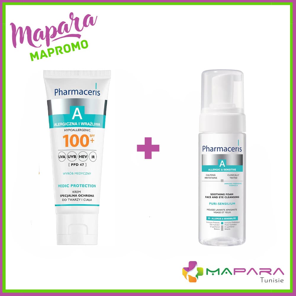 Pharmaceris A SPF100+ Crème Solaire 75ml + Mousse Nettoyante Apaisante 150ml Offerte