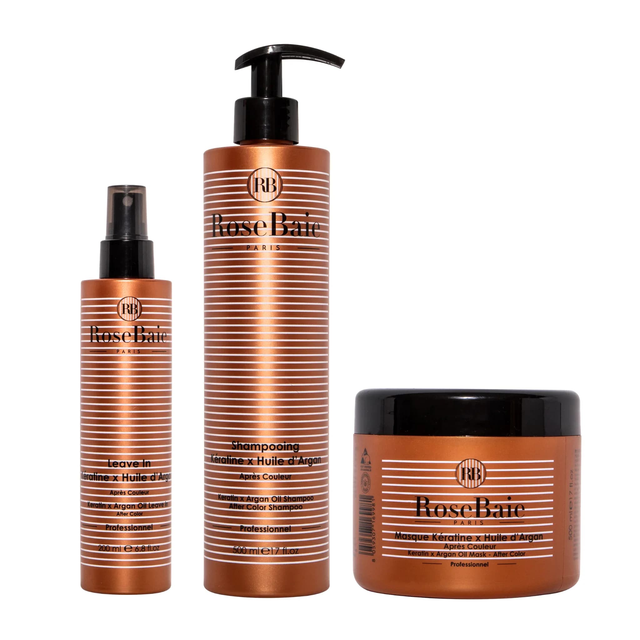 RoseBaie Trio Argan Post-Coloration Shampoing + Masque + Leave-In + Sac Offert