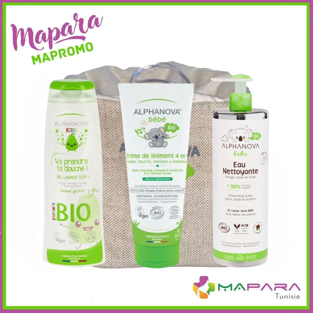 Alphanova Bébé Bio – Crème de Liniment 4en1 + Gel Lavant Enfant Poire 250ml + Eau Nettoyante 400ml + Trousse Offerte