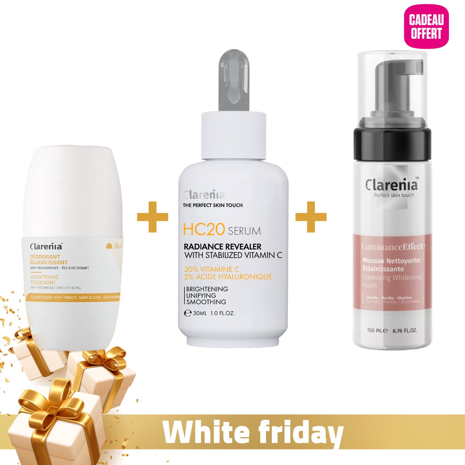 CLARENIA Déodorant Éclaircissant 50ml + HC 20 Sérum Booster 30ml + Luminance Effect Mousse Nettoyante Éclaircissante 150ml (offerte)