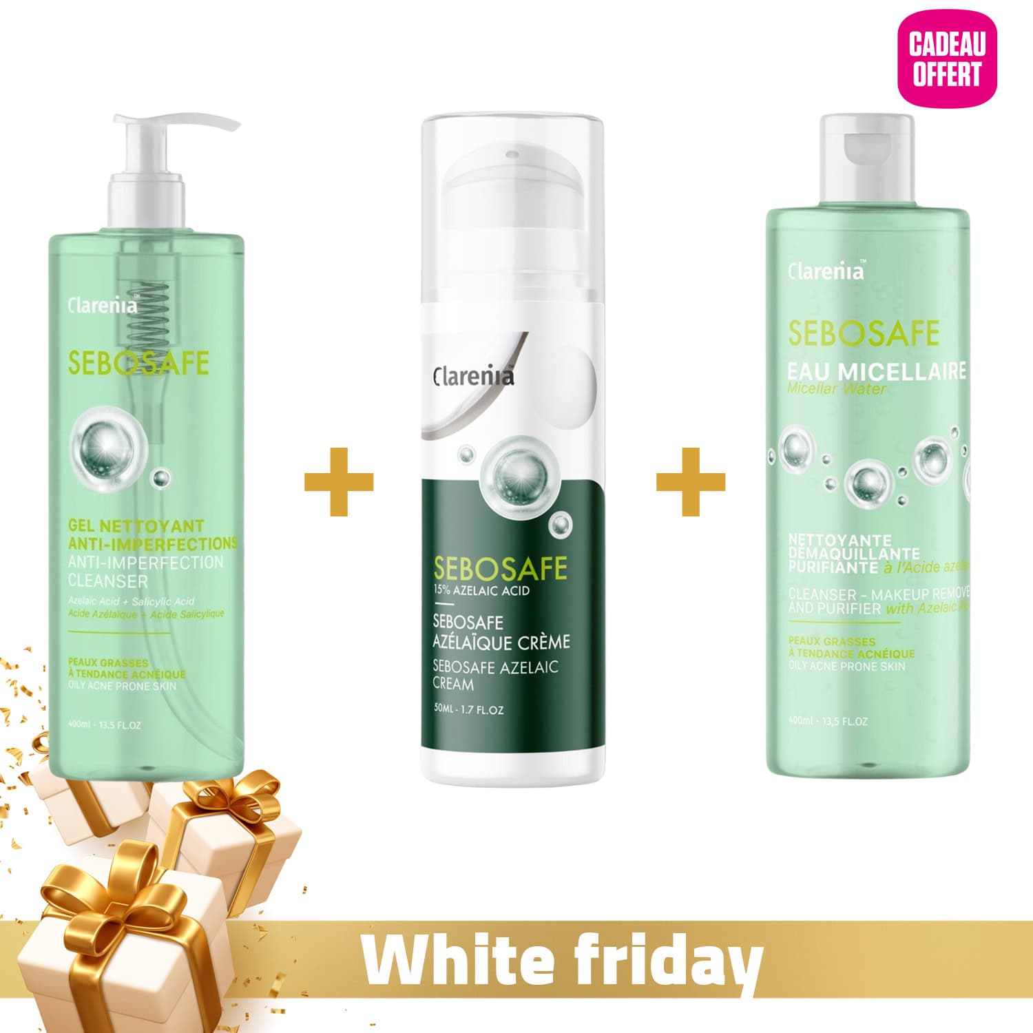 CLARENIA Sebosafe Gel Nettoyant + Crème Acide Azélaïque + Eau Micellaire 400ml (offerte)