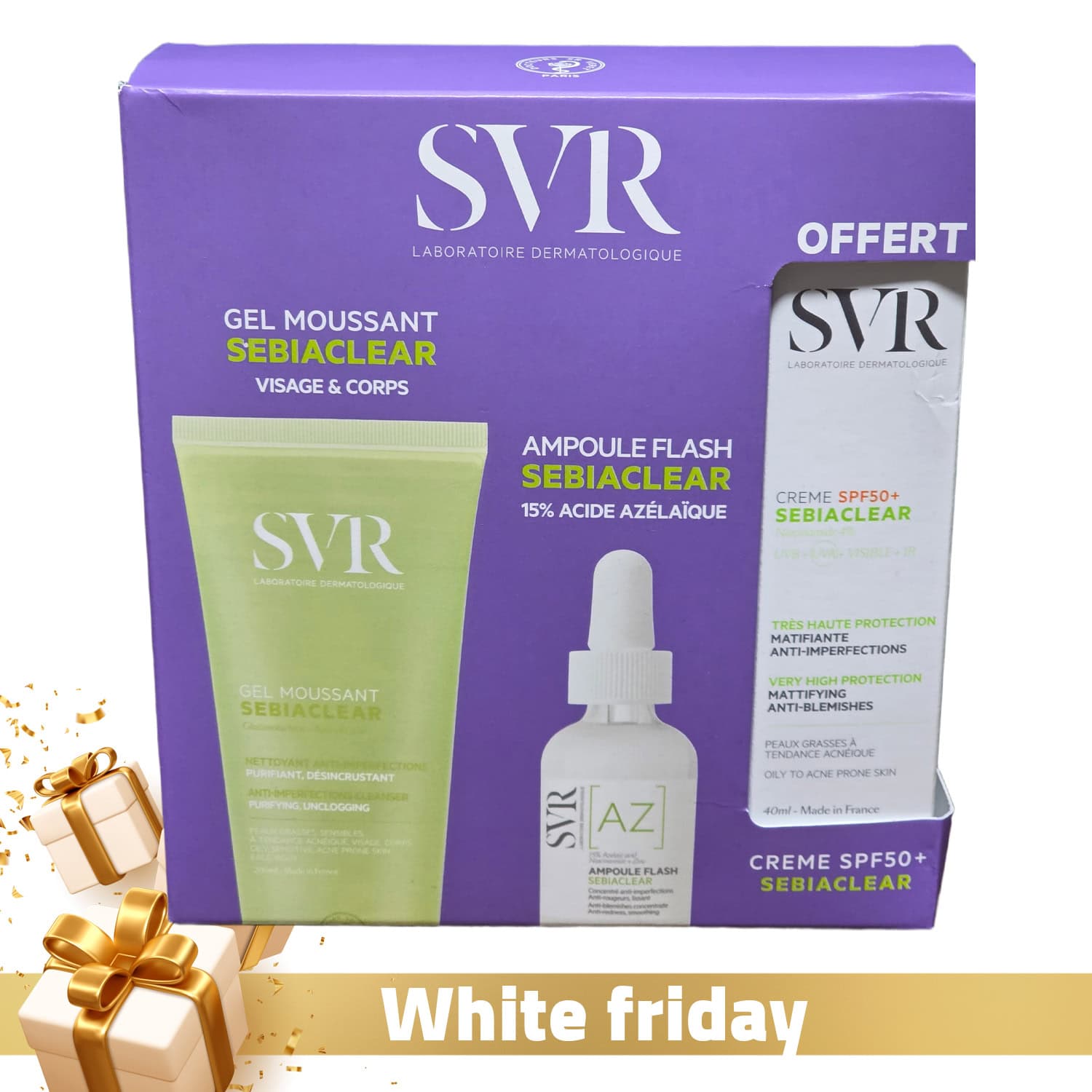 COFFRET SEBIACLEAR (Gel Moussant + Ampoule AZ) + Crème Solaire Matifiante SPF50 OFFERTE