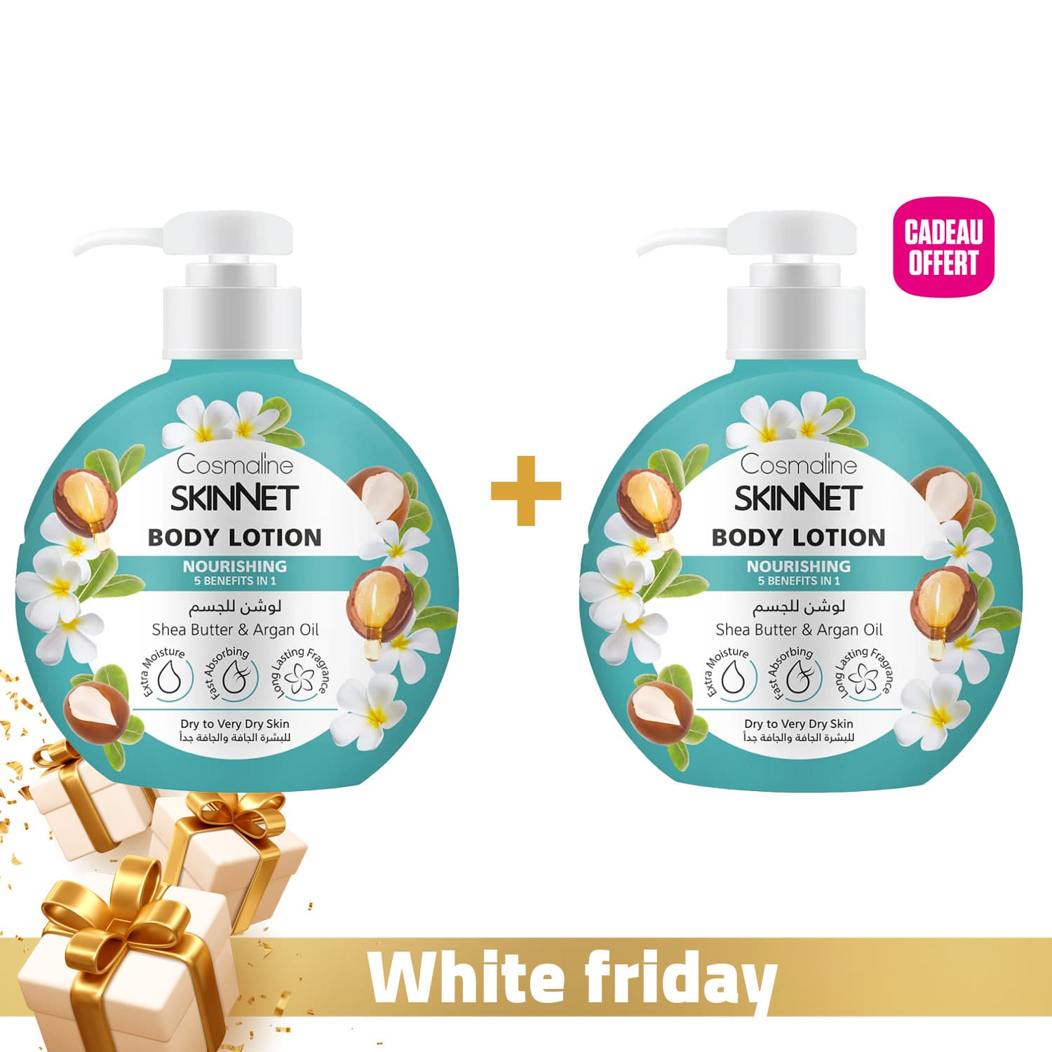 Cosmaline Skinnet Lait Corps Nourrissant au Beurre de Karité et à l’Huile d’Argan Peaux Sèches à Très Sèches 400ml + 1 Lait Corps 400ml Offert