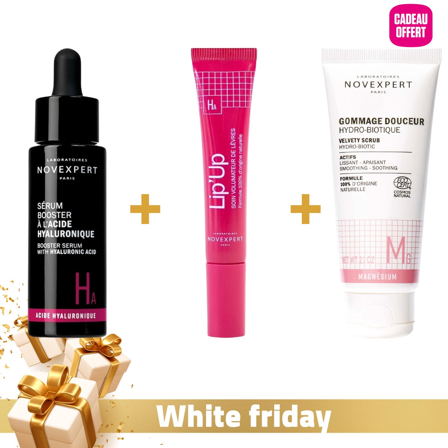 NOVEXPERT Sérum Acide Hyaluronique + Lip’Up + Gommage Douceur Hydro-Biotique 60ml (offert)