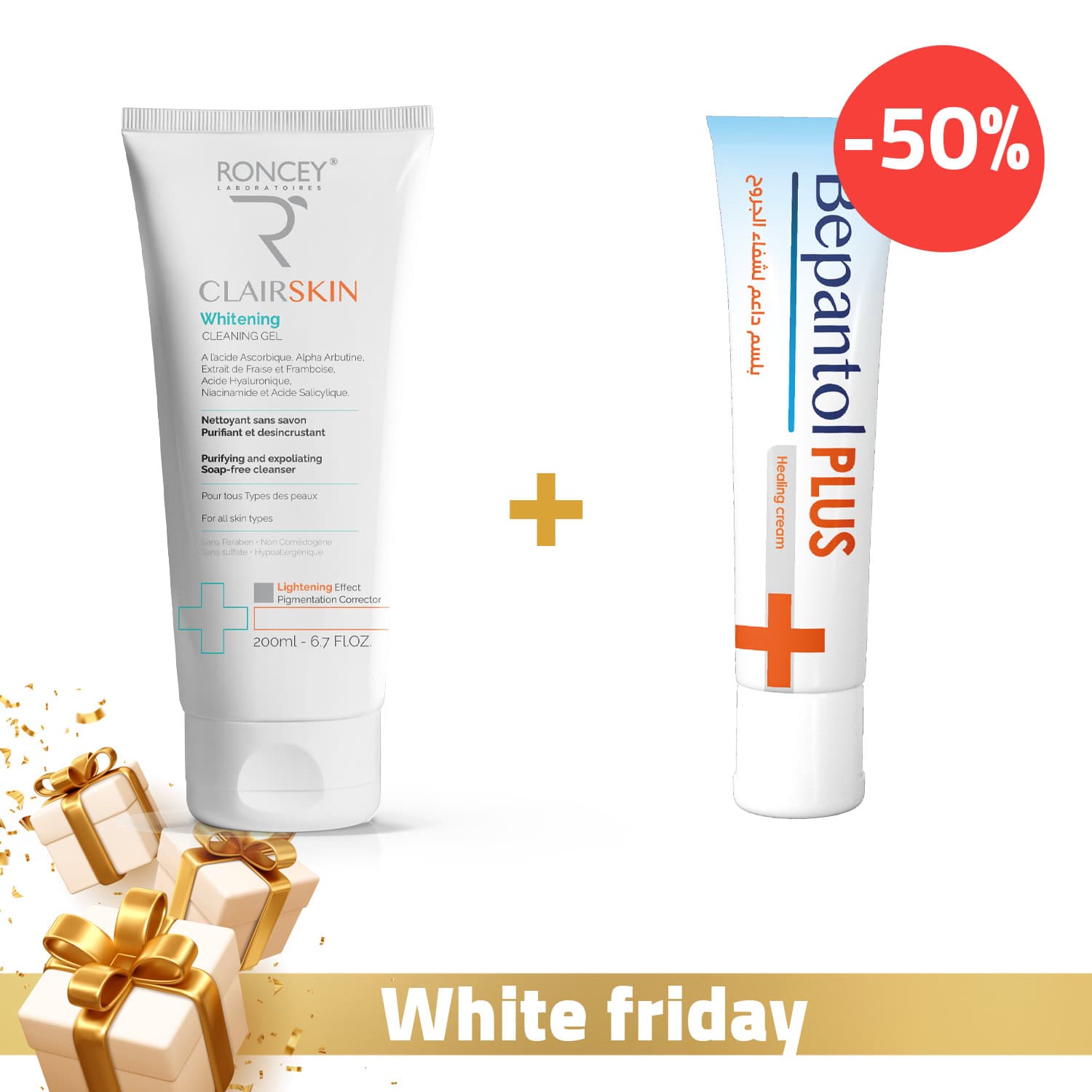 Roncey Clairskin Gel Nettoyant Éclaircissant Anti-Taches 200ml + Roncey Bepantol Plus Crème Cicatrisante 30gr Offert