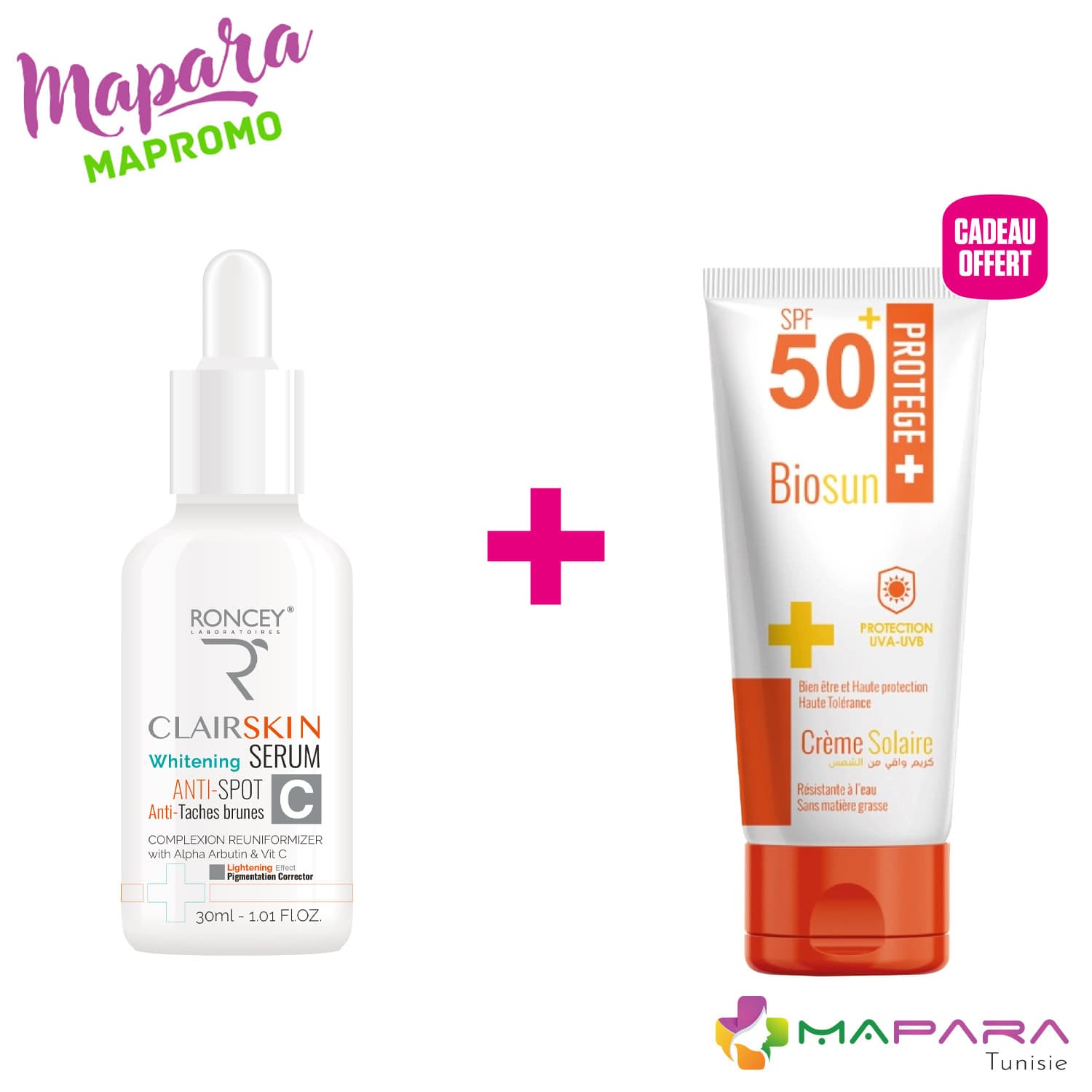 Roncey Clairskin Sérum Éclaircissant Anti-Taches 30ml + Biosun Écran SPF50+ 50ml Offert