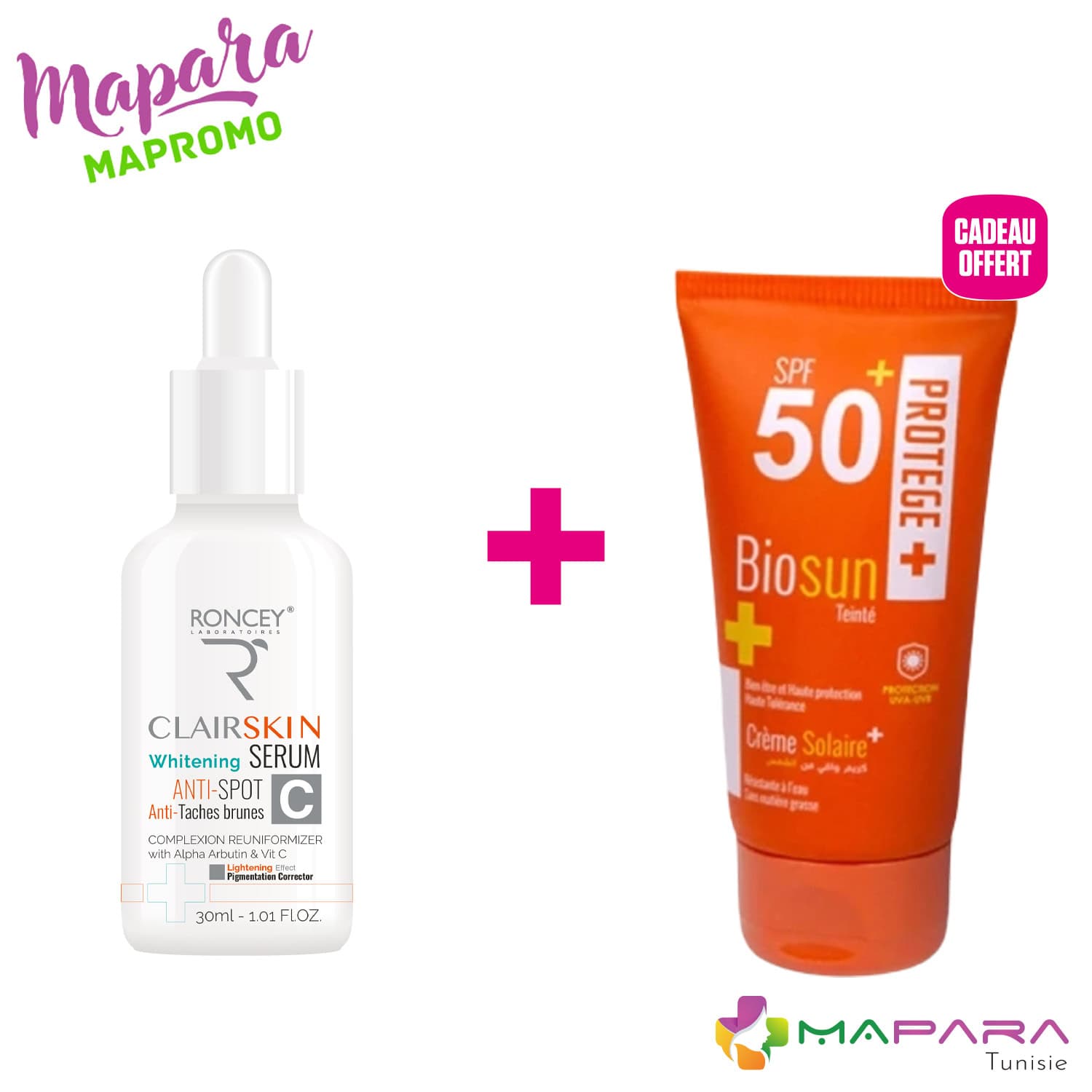 Roncey Clairskin Serum Eclaircissant Anti-Taches 30ml+ Biosun Ecran Teinté SPF50+ 50ml offert