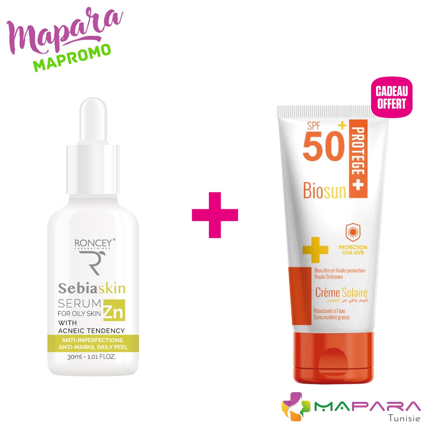 Roncey Sebiaskin Sérum Visage Anti-Acné 30ml + Biosun Écran SPF50+ 50ml Offert
