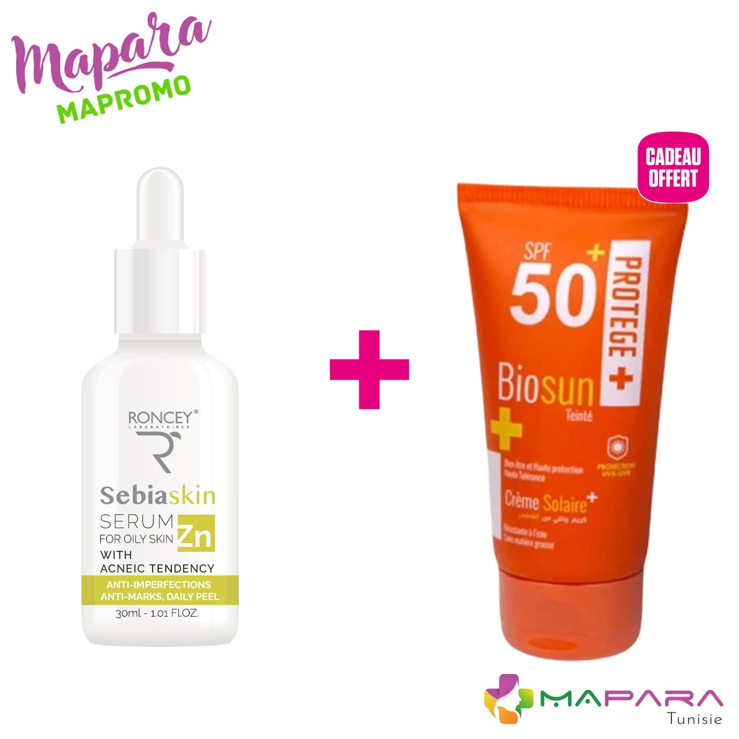 Roncey Sebiaskin Serum Visage Anti-Acne 30ml + Biosun Ecran Teinté SPF50+ 50ml offert