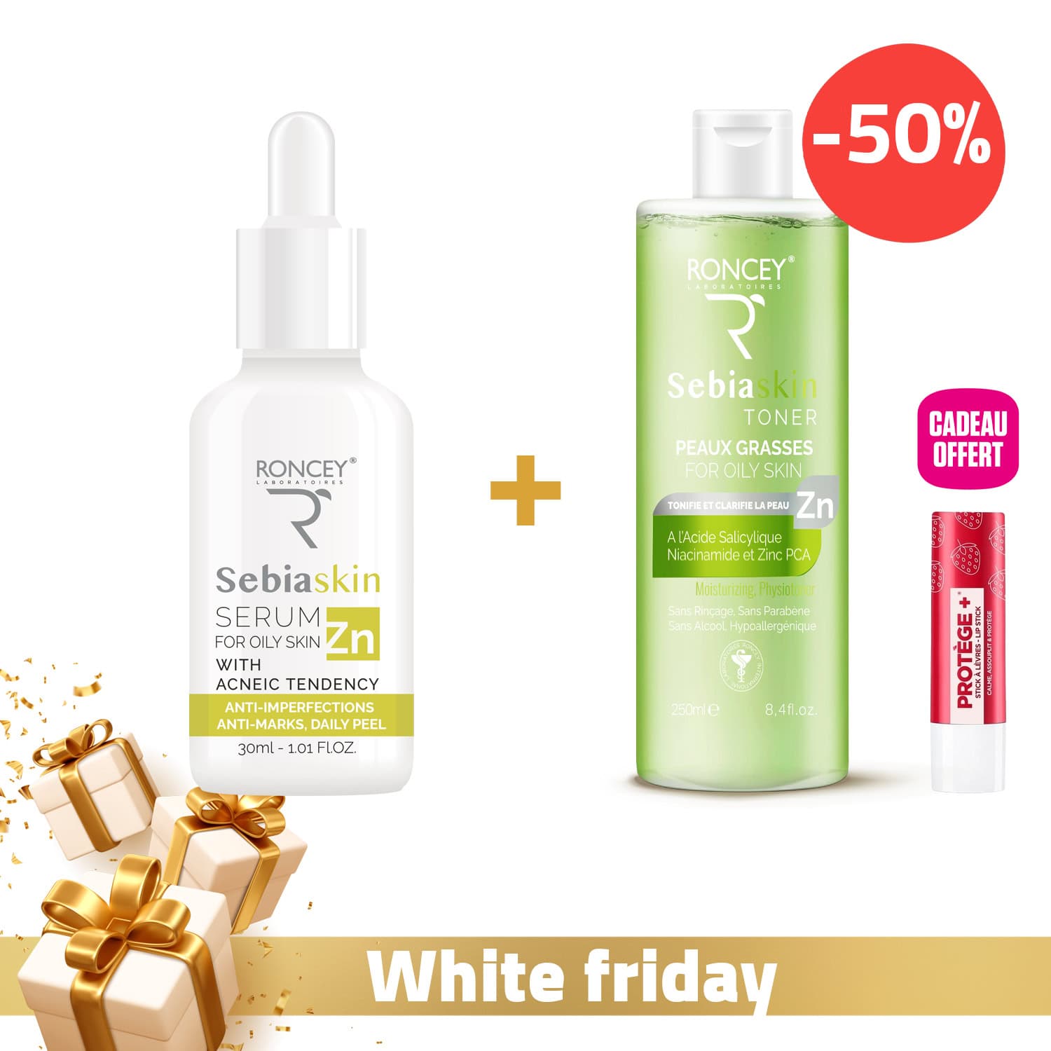 Roncey Sérum Anti-Acné + Lotion Tonique -50% + Baume Lèvres OFFERT
