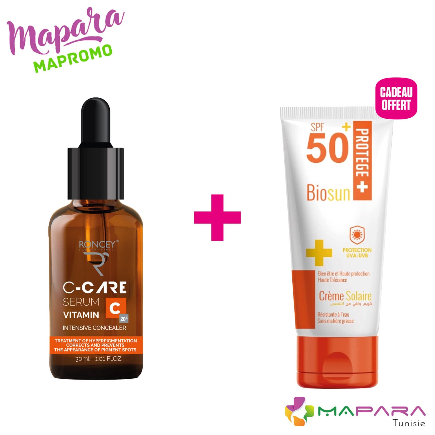 Roncey Serum Vitamine C 20% 30ml + Biosun Ecran SPF50+ 50ml offert
