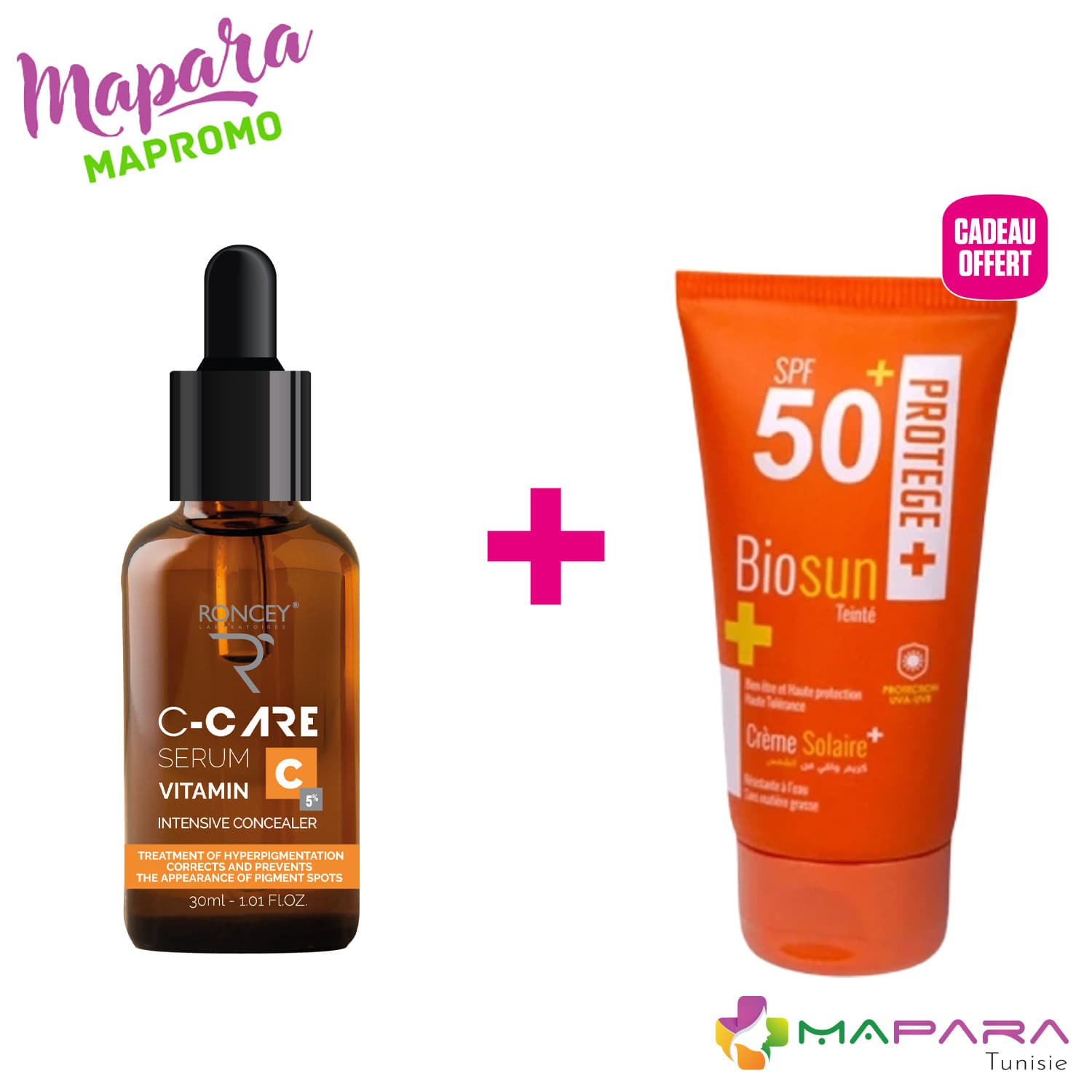 Roncey Sérum Vitamine C 5% 30ml + Biosun Écran Teinté SPF50+ 50ml Offert
