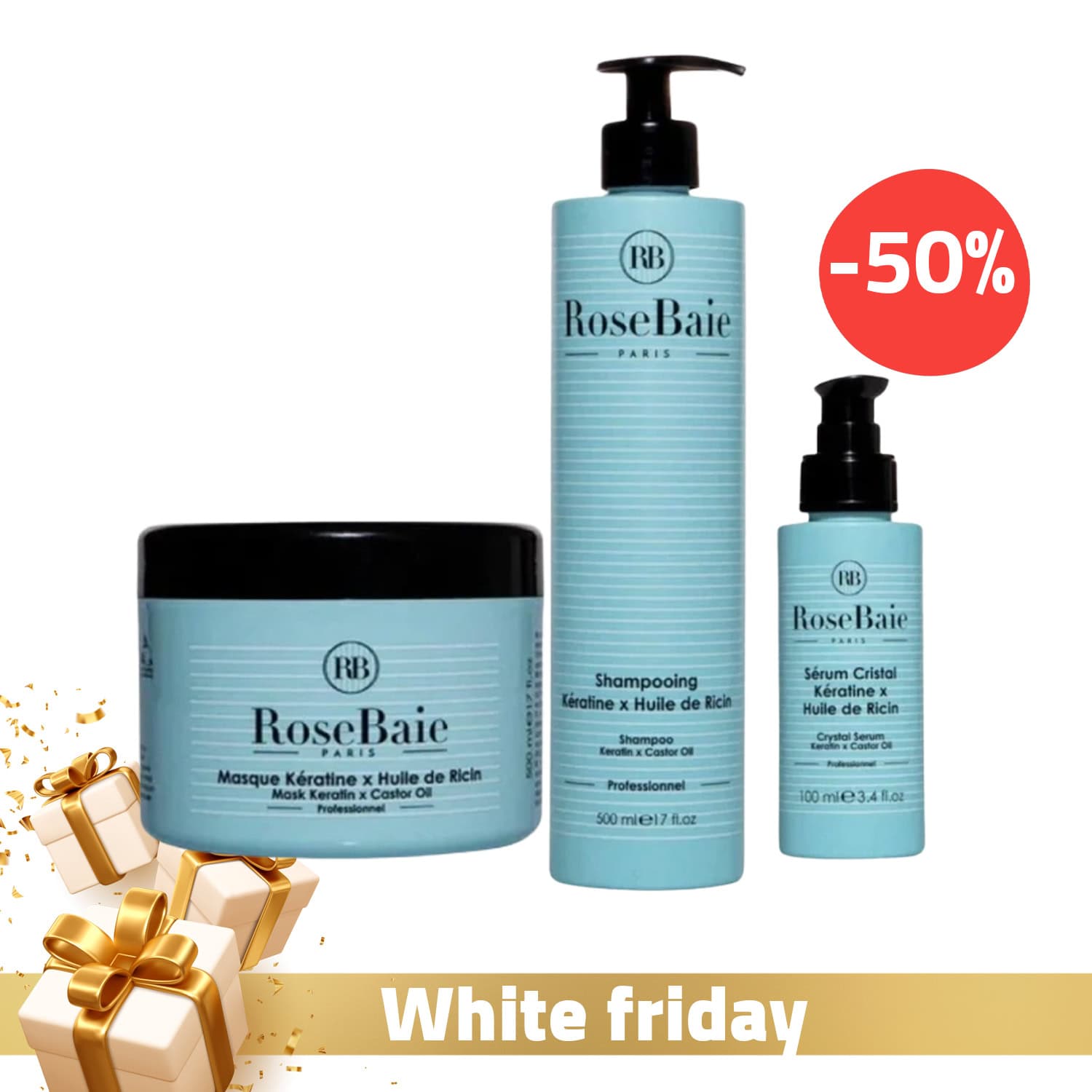 RoseBaie Shampoing à la Kératine et à l’Huile de Ricin 500ml + RoseBaie Masque à la Kératine et à l’Huile de Ricin 500ml + RoseBaie Sérum Cristal Professionnel à l’Huile de Ricin 100ml (-50 %)