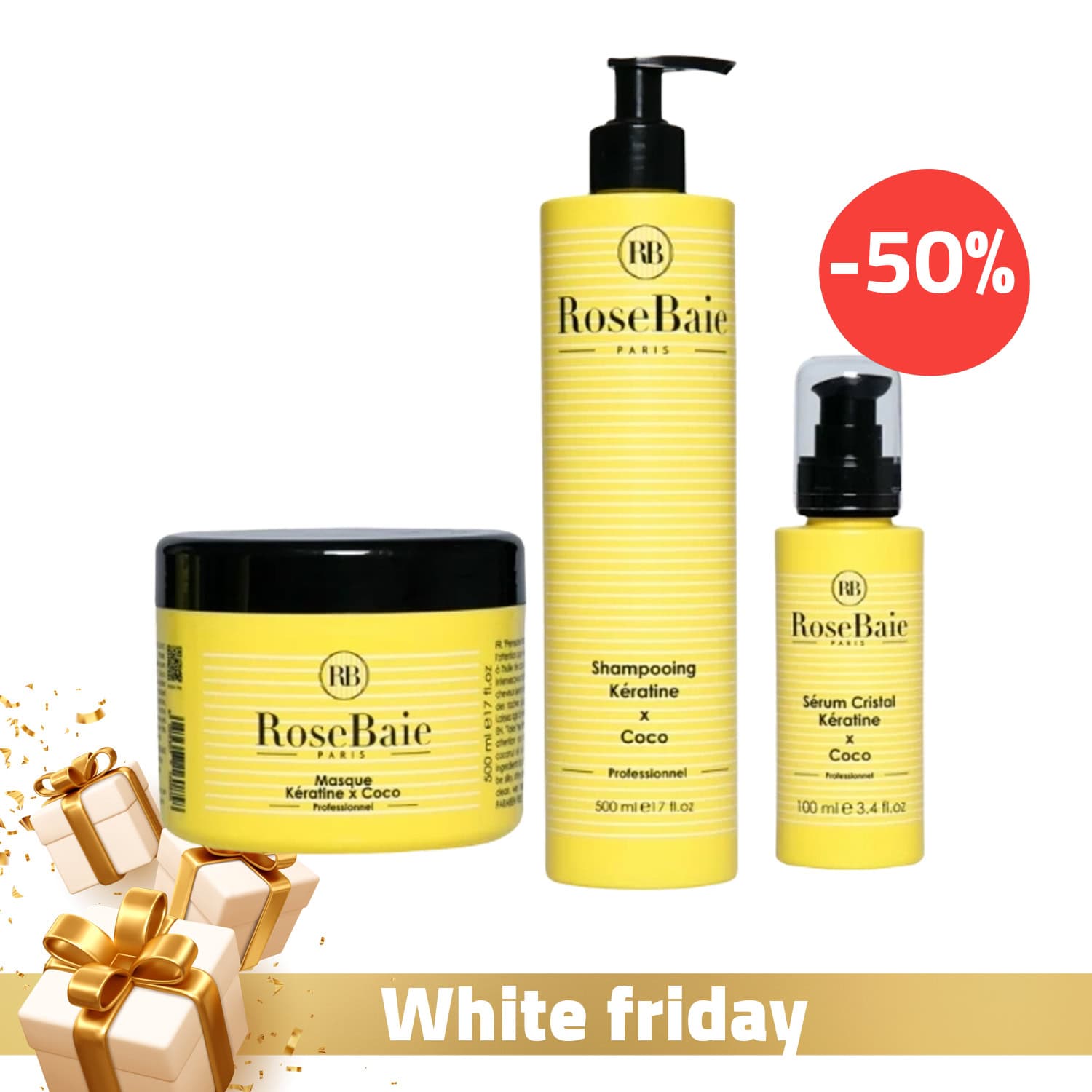 RoseBaie Shampoing Coco et Kératine 500ml + RoseBaie Masque Coco et Kératine 500ml + RoseBaie Sérum Cristal Professionnel à l’Huile de Coco 100ml (-50 %)