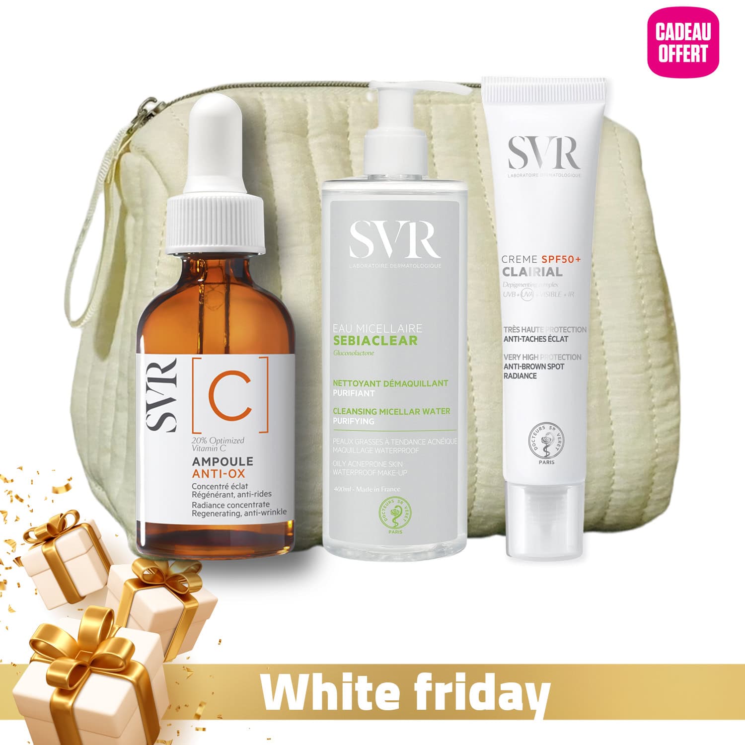 Routine Nadine – SVR Sebiaclear Eau Micellaire 400ml + SVR Ampoule C Anti-Ox 30ml + (SVR Clairial Crème Solaire Anti-Taches SPF50+ 40ml + Trousse) Offerts