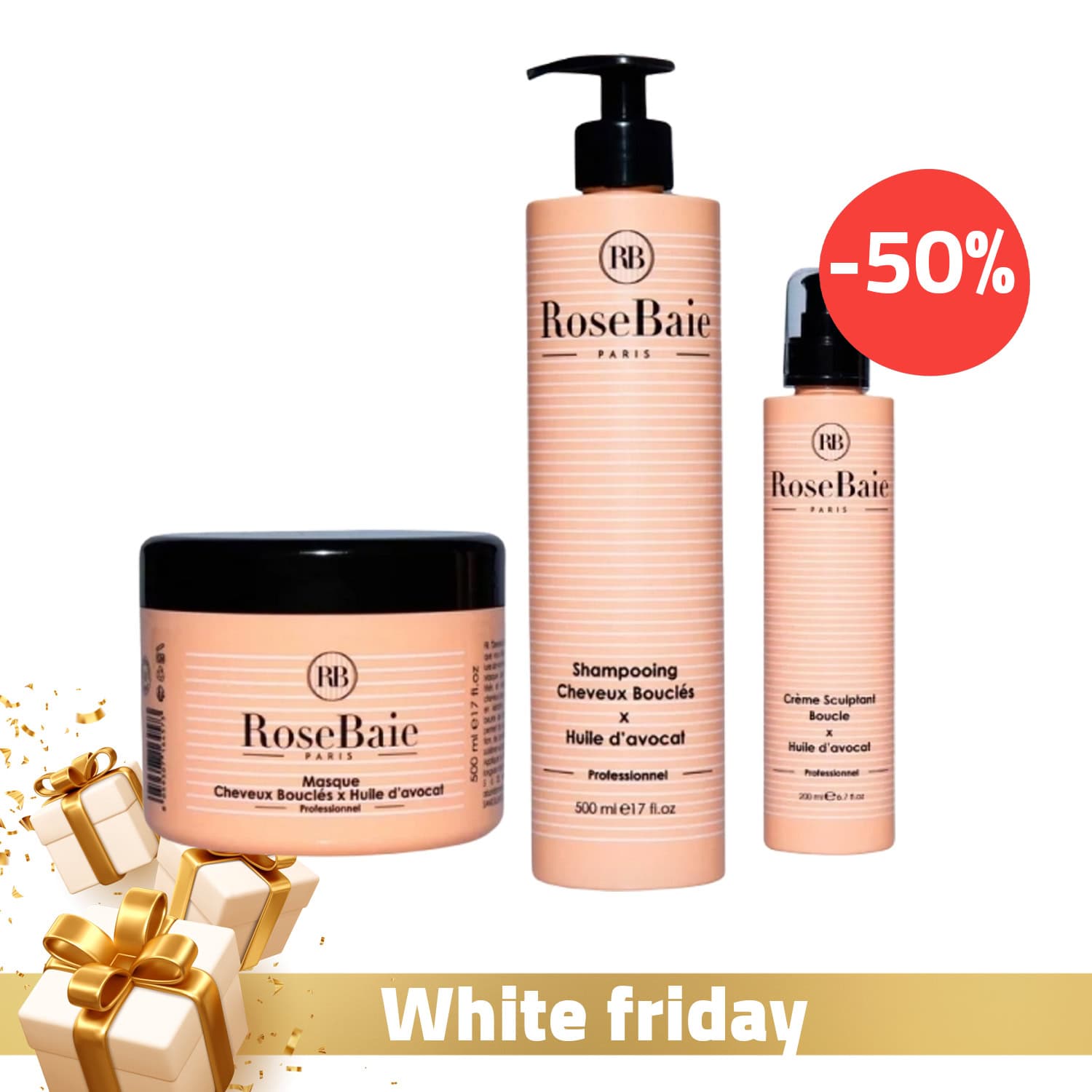 RoseBaie Shampoing à la Kératine et à l’Huile d’Avocat 500ml + Masque à la Kératine et à l’Huile d’Avocat 500ml + Crème Hydratante Cheveux Bouclés x Huile d’Avocat 200ml (-50 %)