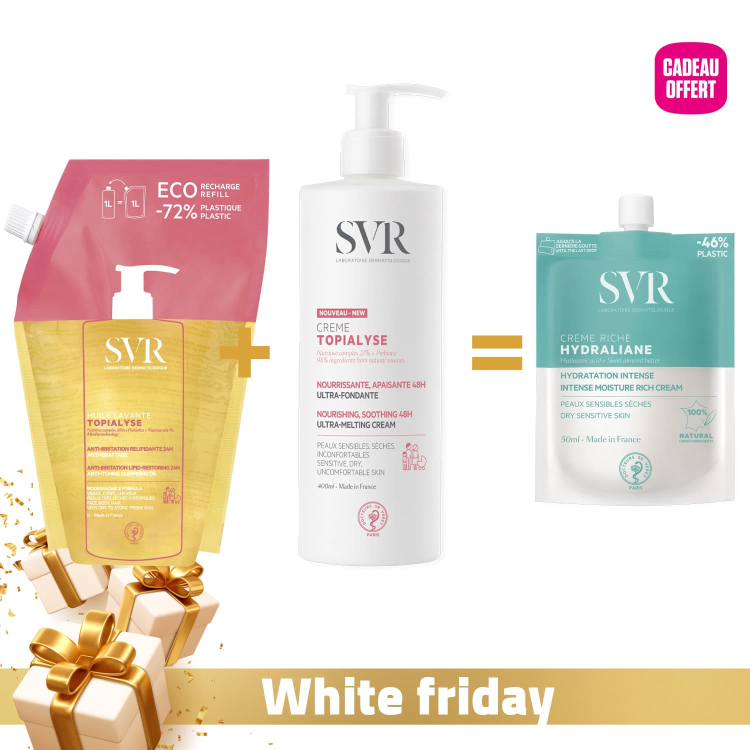 SVR Topialyse Huile Recharge 1L + Crème 400ml + Hydraliane Crème Riche OFFERTE