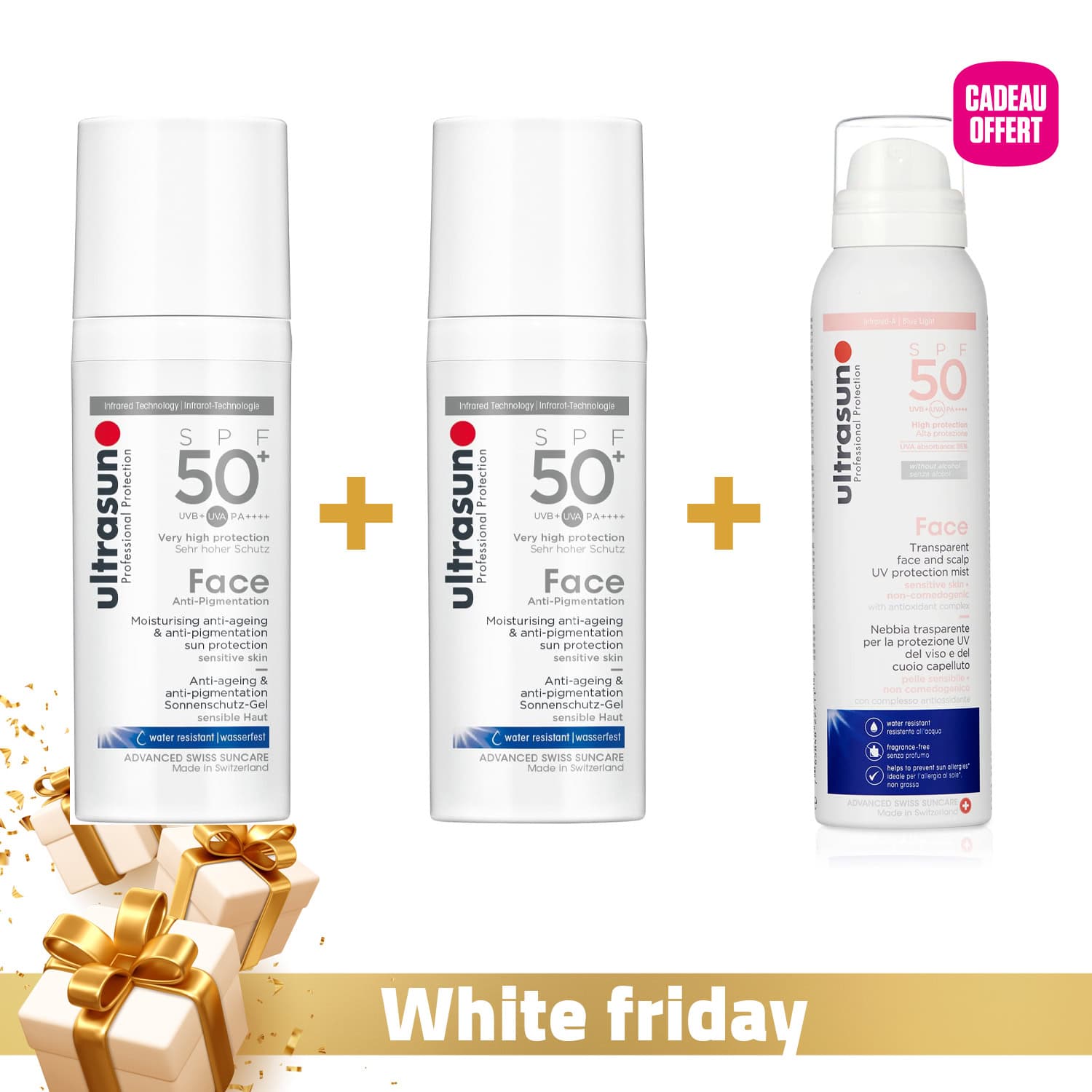 Ultrasun Écran Anti-Âge et Anti-Taches SPF50+ 50ml x2 + Ultrasun Face Brume Solaire Transparent SPF50 75ml Offert