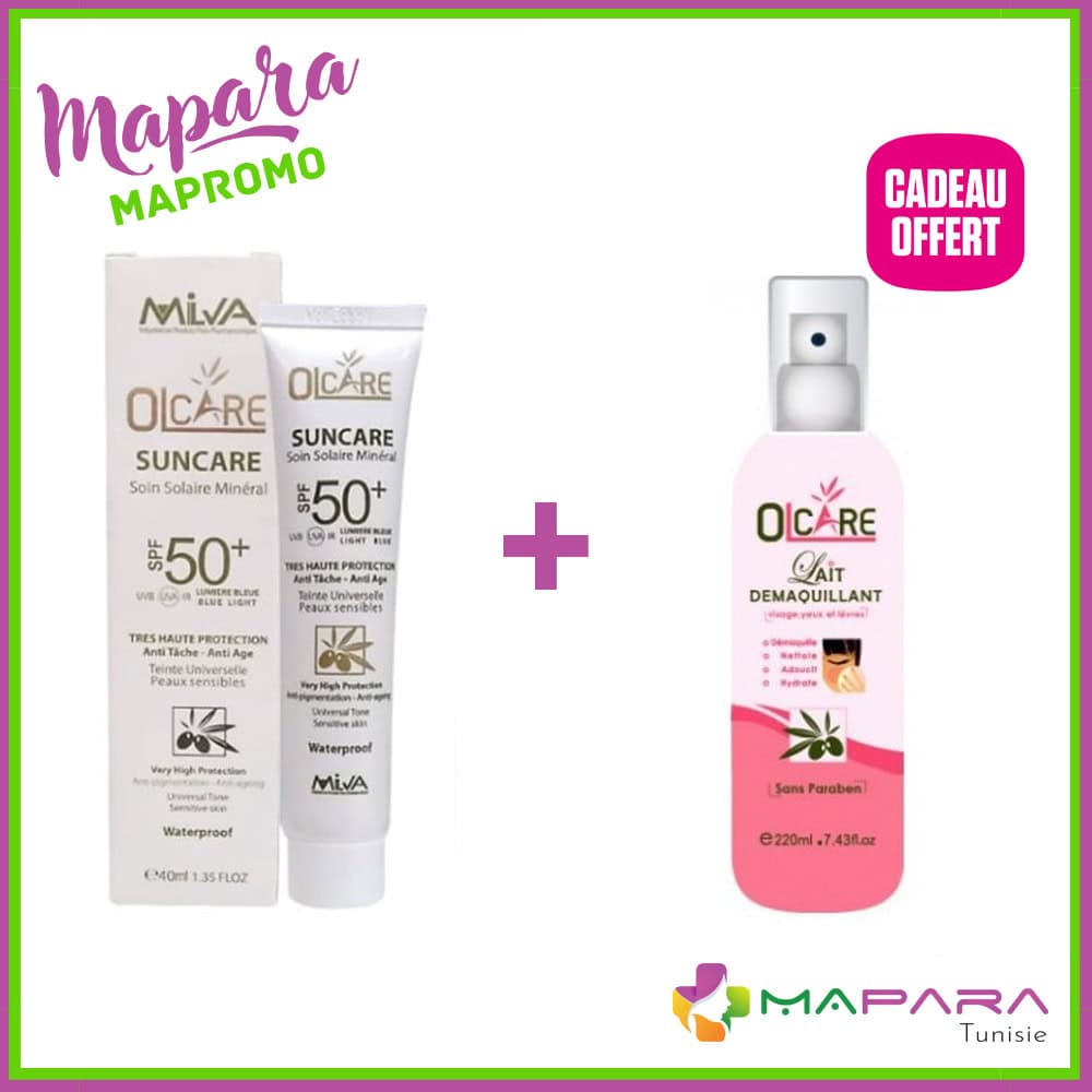 Olcare SunCare Écran Solaire Minéral Teinté SPF50+ 40ml + Lait Démaquillant 220ml Offert