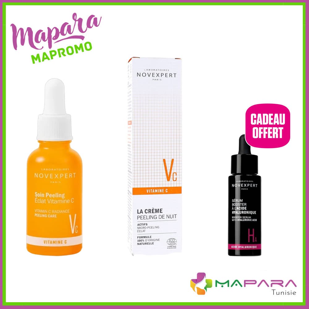 Novexpert Soin Peeling Éclat Vitamine C 30ml + Crème Peeling de Nuit 40ml + Sérum Booster à l’Acide Hyaluronique 10ml (Offert)