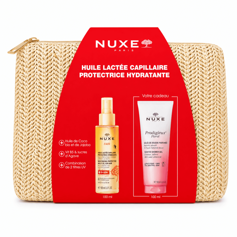 Nuxe Huile Lactee Capillaire Protectrice Hydratante 100ml + Gellee de Douche 100ml et Trousse Offerte