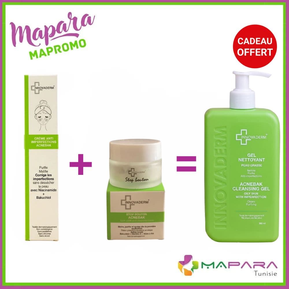Innovaderm Pack Crème Acnebak + Stop Bouton + Gel Nettoyant Peaux Mixtes à Grasses OFFERT