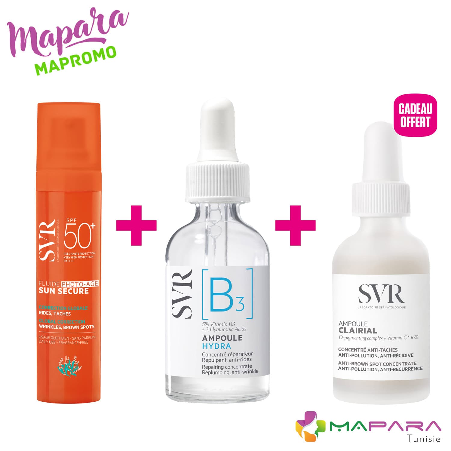 SVR Pack Anti-Âge et Hydratation Fluide Photo-Age SPF50+ + Ampoule B3 + Ampoule Clairial Offerte