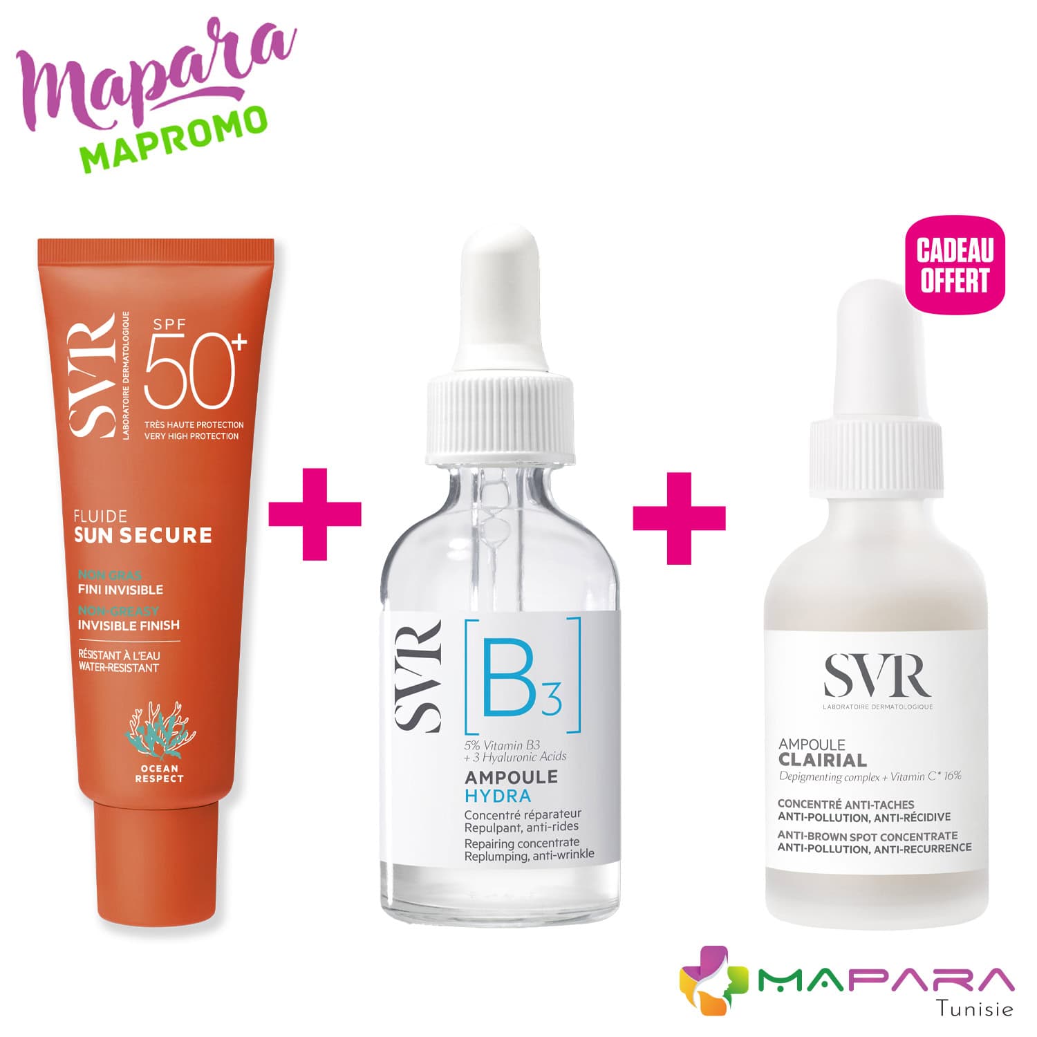 SVR Pack Hydratation et Fini Invisible Fluide SPF50+ + Ampoule B3 + Ampoule Clairial Offerte