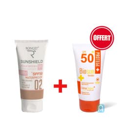 Pack solaire - Roncey Sunshield Crème solaire SPF50+ teinté 02 peaux sèches + Biosun Crème solaire SPF50+ invisible (offerte)