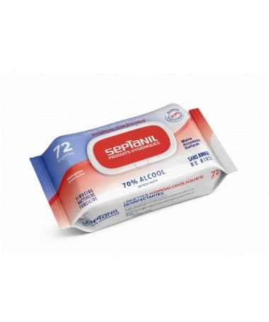 SEPTANIL - LINGETTES DESINFECTANTES SOLUTION HYDROALCOOLIQUE 72 LINGETTES