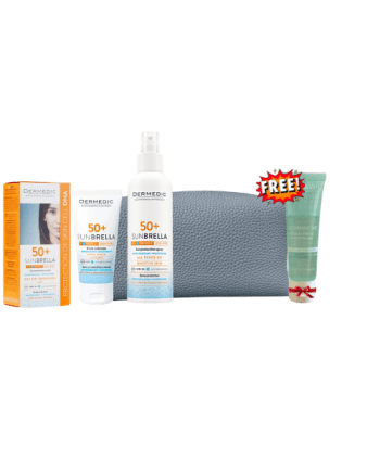 Dermedic Sunbrella Spray Adultes spf 50+ 150 ml + Fluide Ultra leger PMG spf 50++ Trousse Paranet Normacne gel 25 ml offerts