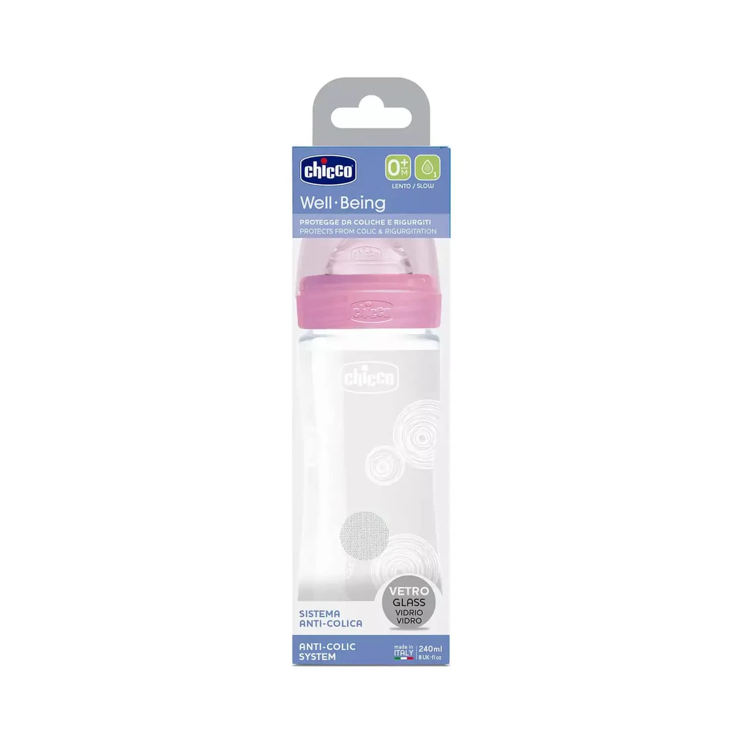 Chicco Well-being Biberon Verre Rose - Debit Lent 0m+ - 240ml
