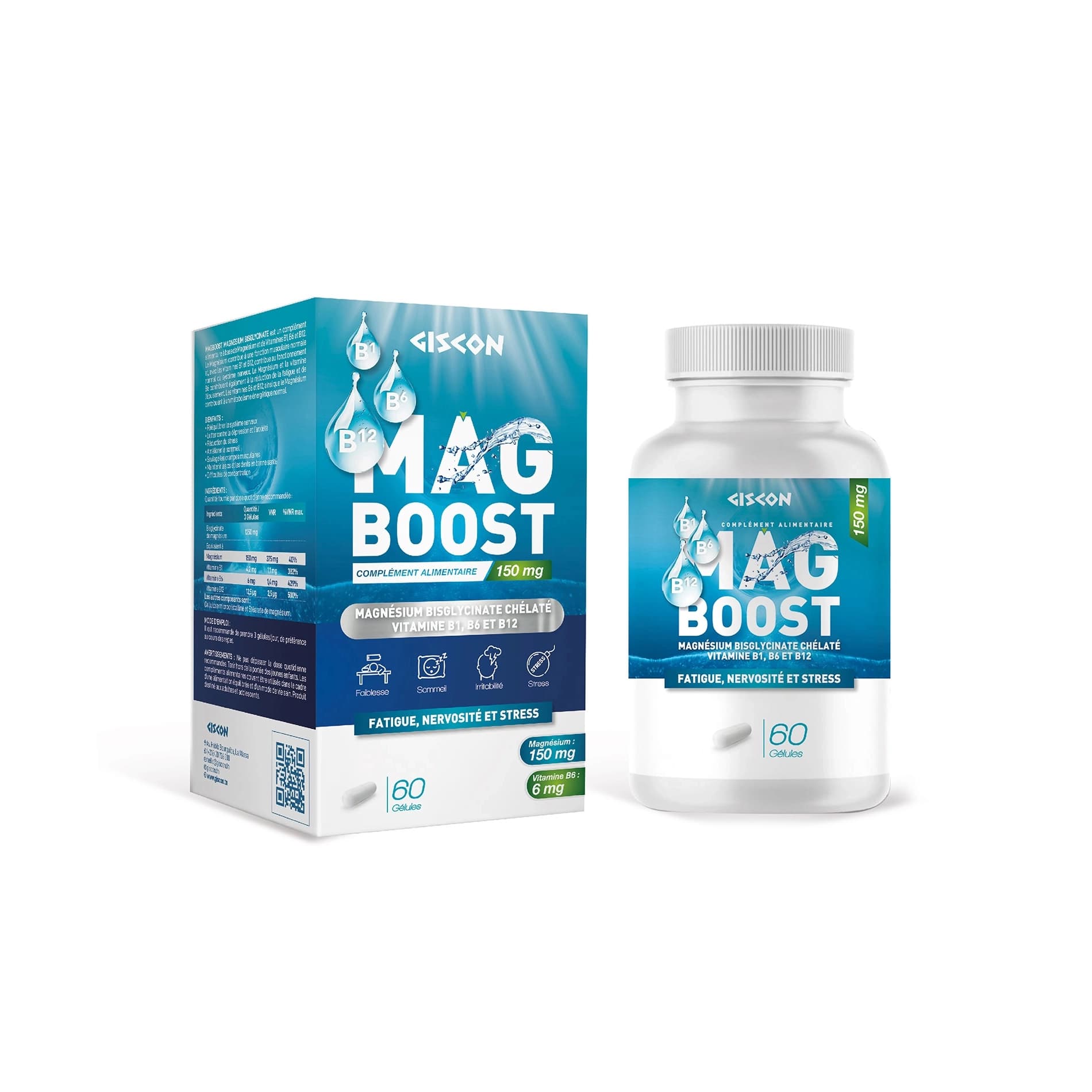 Giscon Mag Boost Magnesium Bisglycinate - Vitamines B11 B6 Et B12 - 60 Gelules